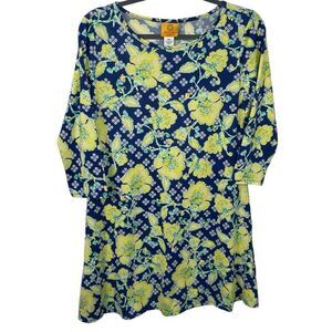 Ruby Rd Women's‎ Size PM Navy/Yellow Stretch 3/4 Sleeve Round neck Shift Dress